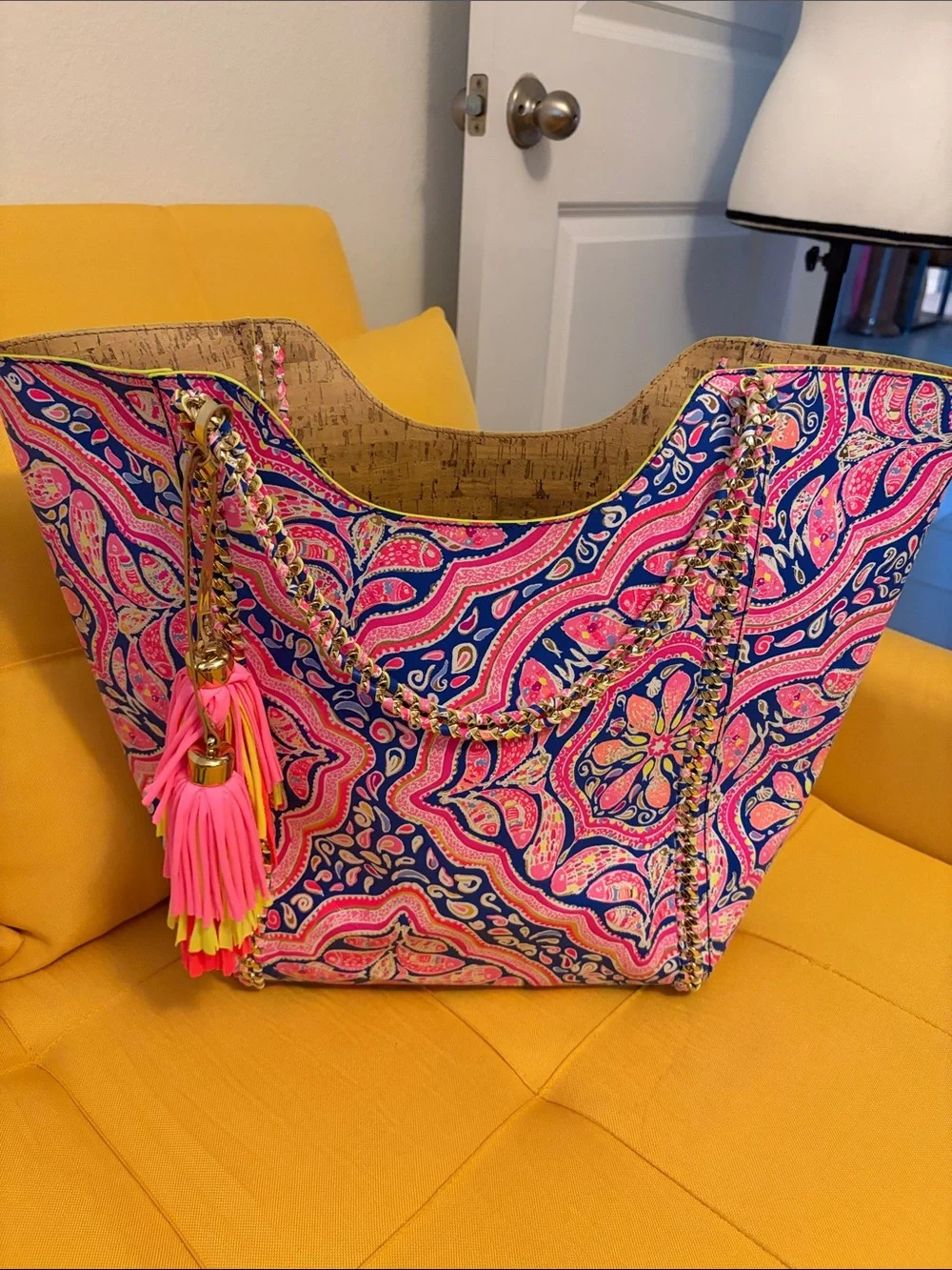 Lilly Pulitzer Can’t Resist Pink and Blue Paisley Tote Bag with Neon Tassel NWOT